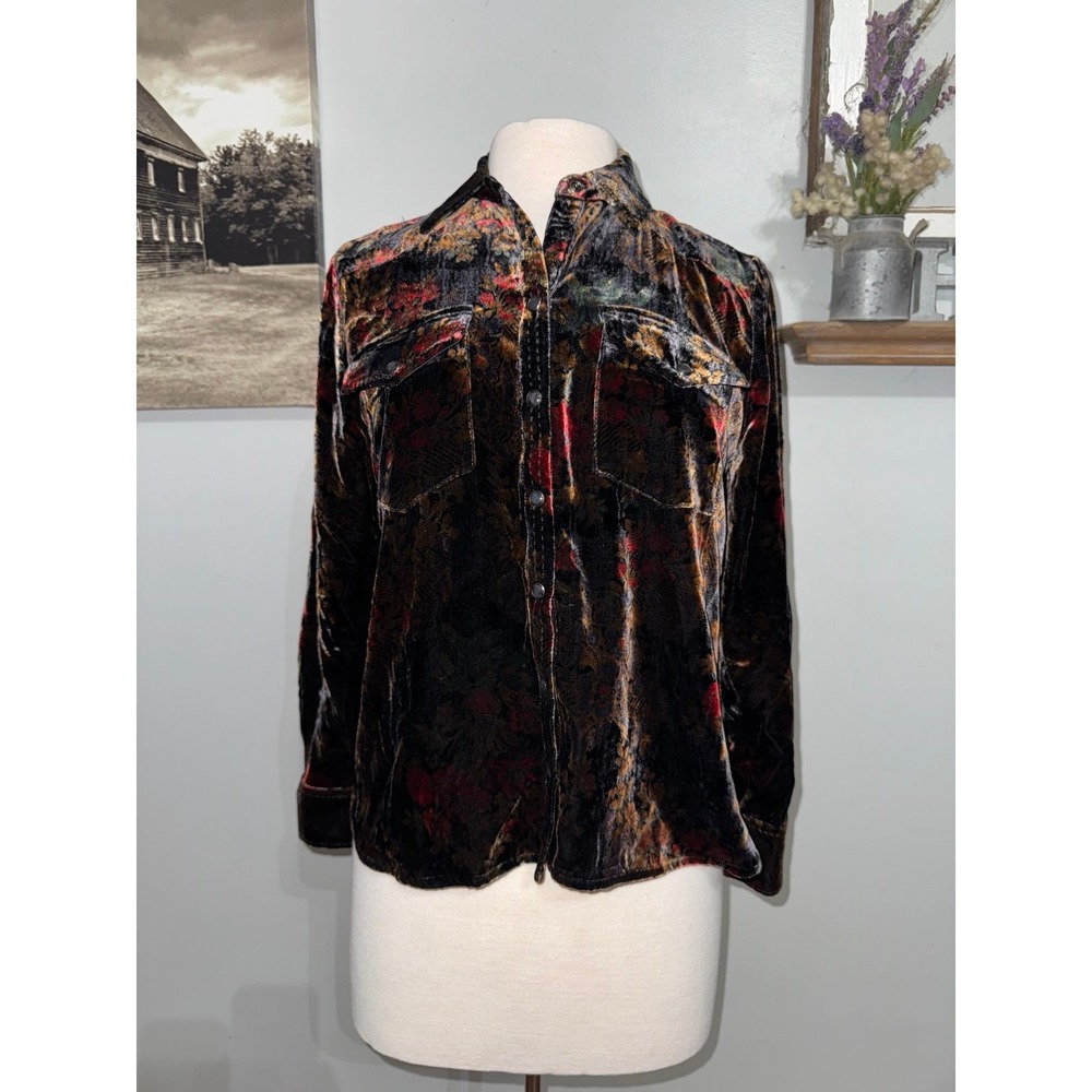 Sundance whimsy goth velour button up‎ black purple dark floral petite XS